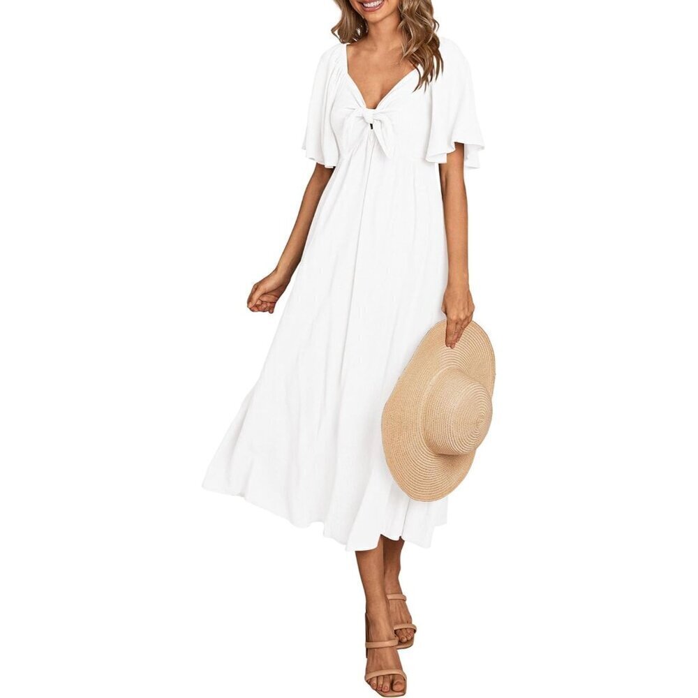 🆕Women White Polyester Casual Summer Dress Bow Tie V Neck Ruffle Midi Flowy